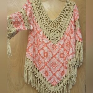 Umgee Pink Paisley Boho Beach Fringe Kaftan Blouse top flowy !X